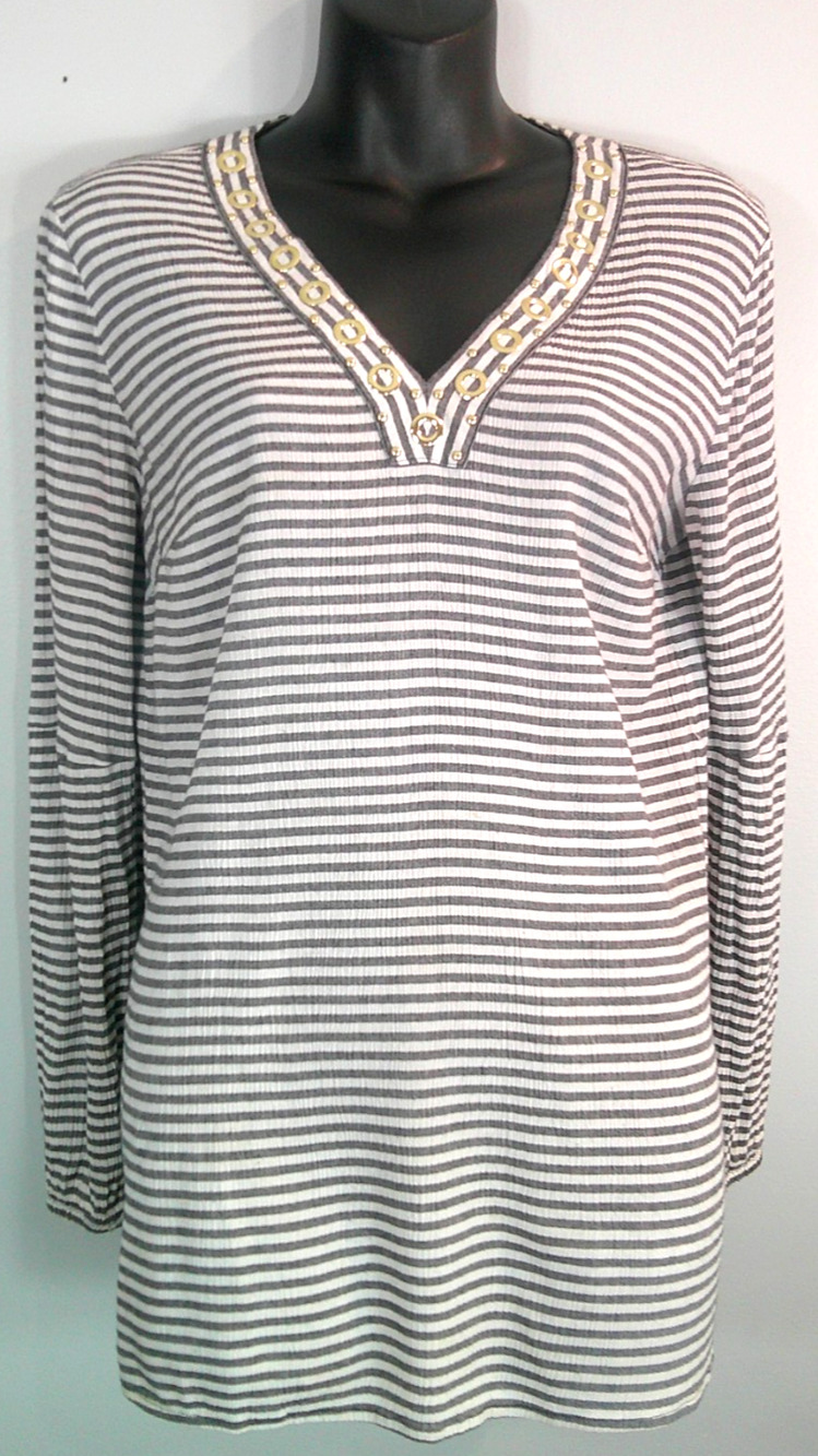 Michael Kors Striped V-neck Women's Small Long Sleeve Blouse Gold Embellishments